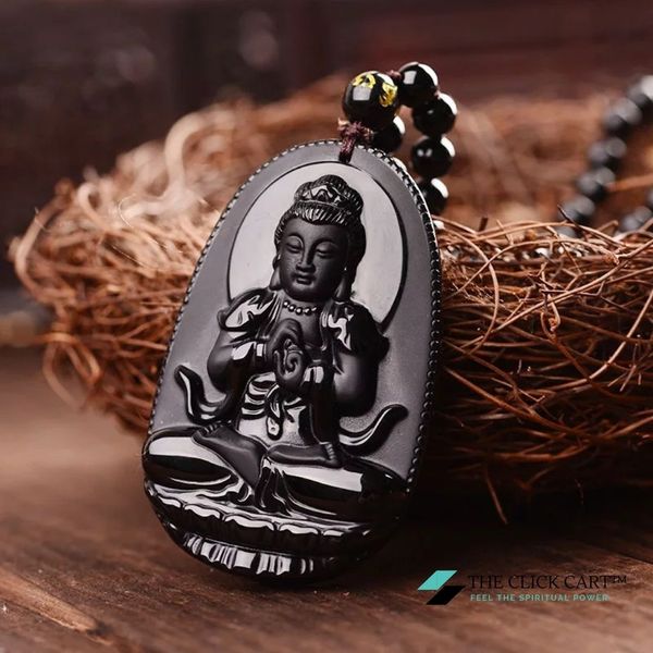TCC™ Natural Hand Carved Black Obsidian Saint Buddha Pendant Necklace